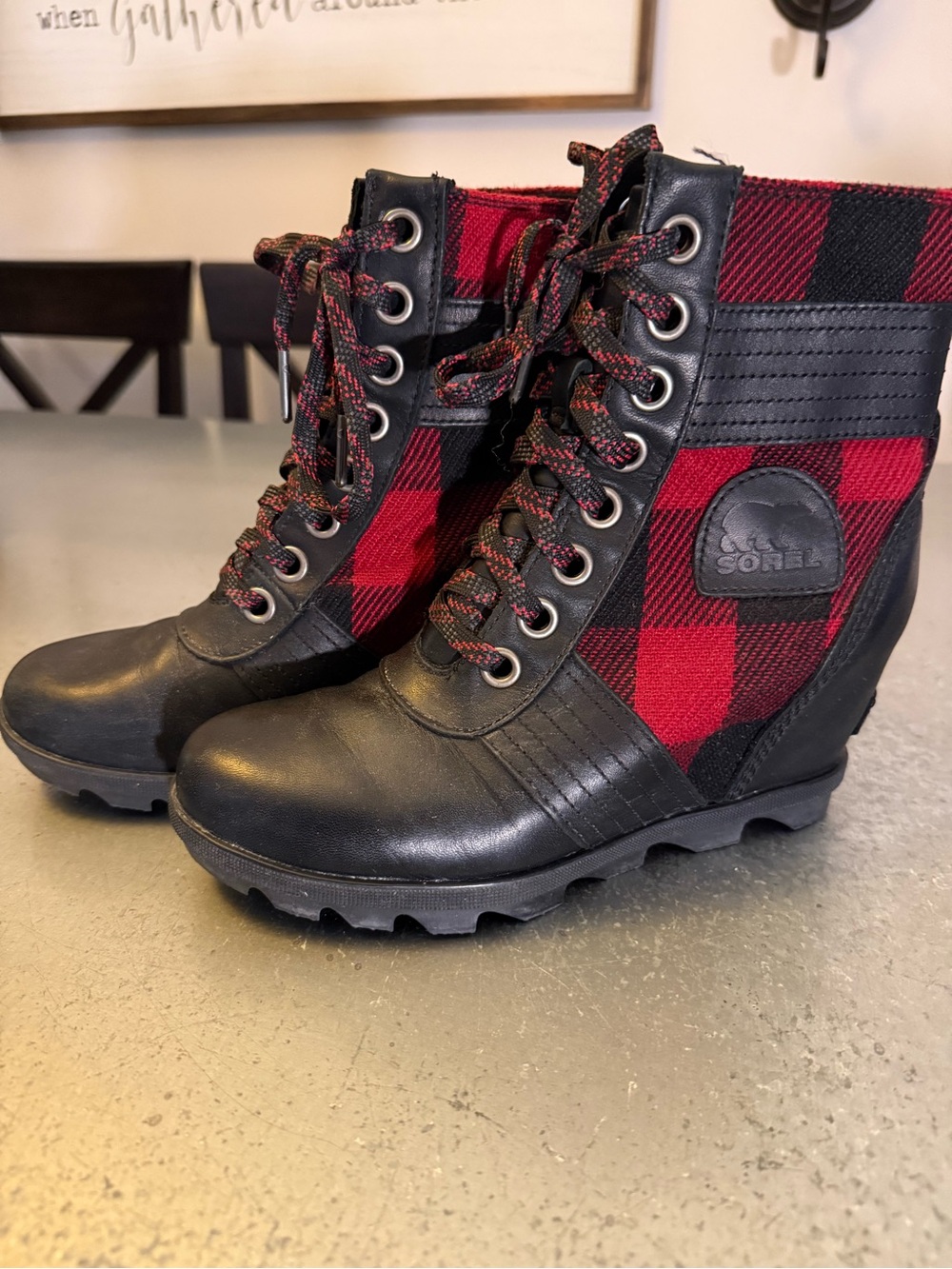 Sorel Women's Black Leather and Red Plaid Lace-Up Wedge Boots